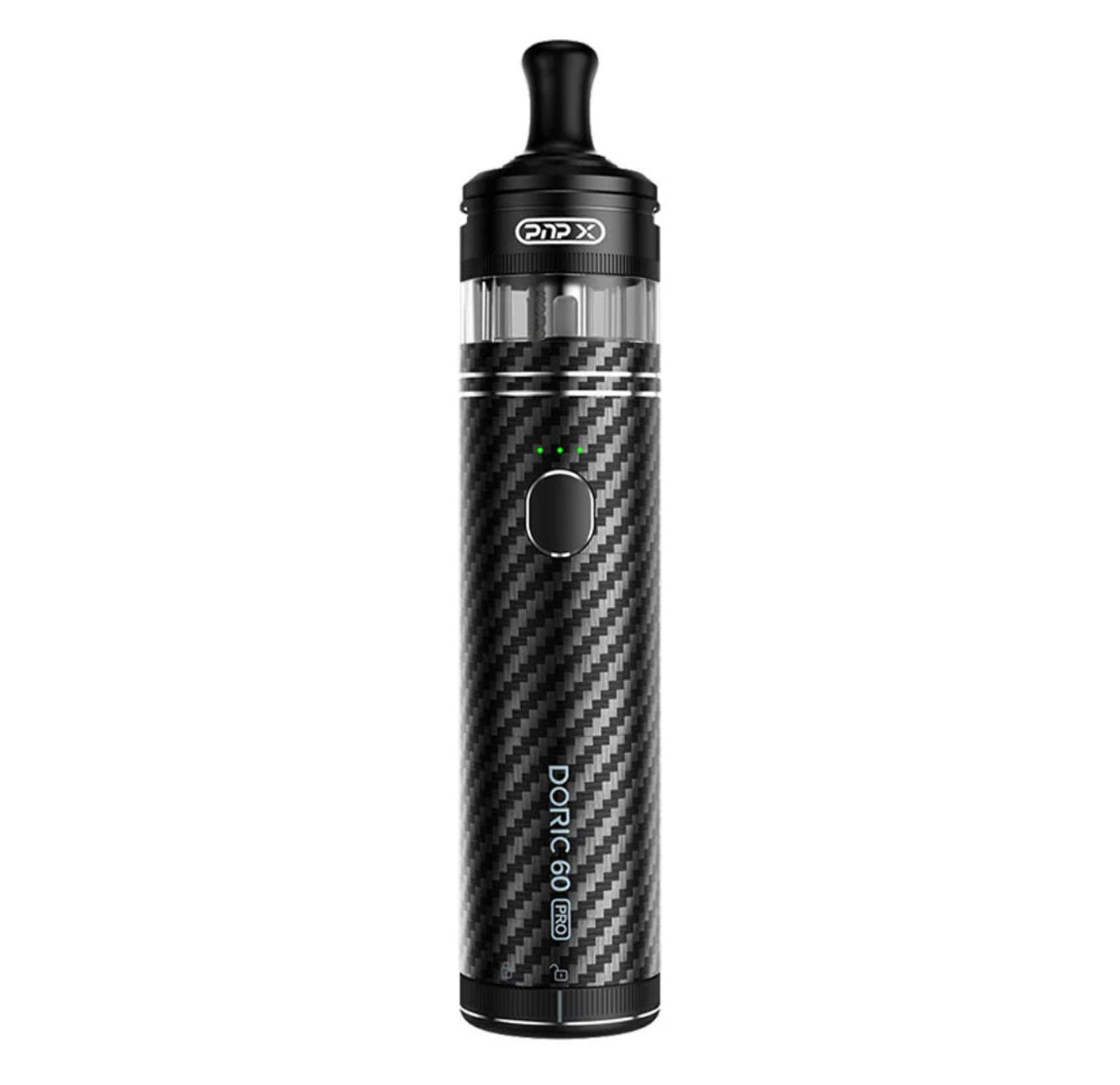 VOOPOO Doric 60 pod mod kit with a black and silver color scheme, featuring a vertical pod design and a circular interface button.