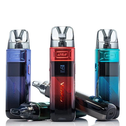 Three vaping devices in blue, red, and teal on a white background