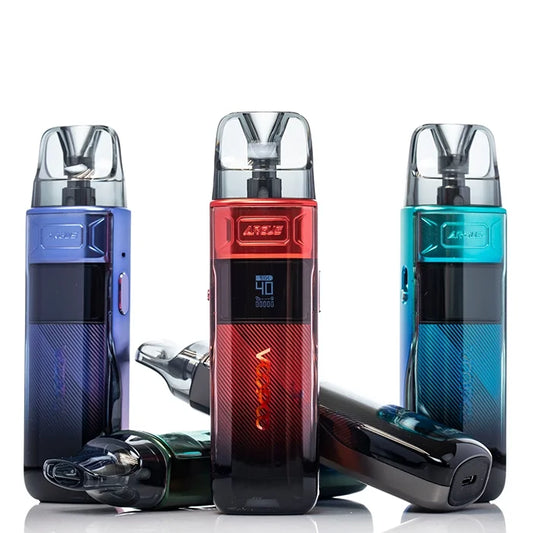 Three vaping devices in blue, red, and teal on a white background